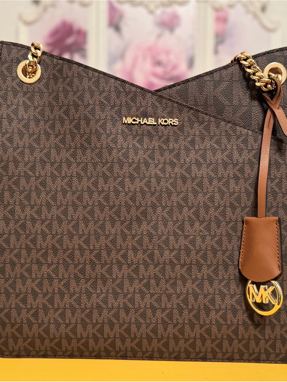 Michael Kors Brown MK Monogram Tote with Gold Hardware